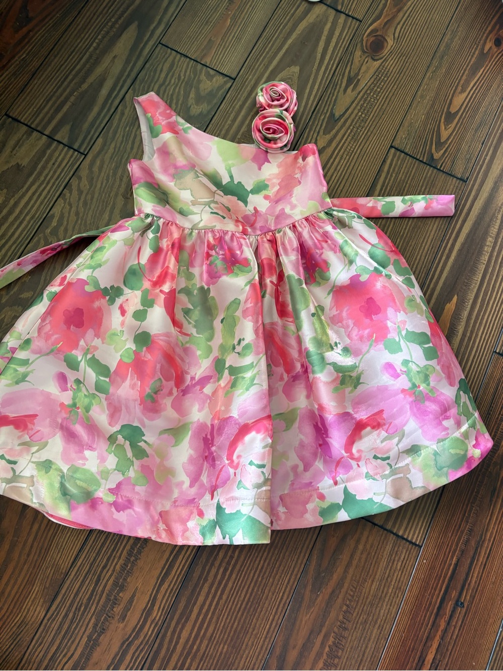 Bonnie Jean Pink & Green Floral Satin Party Dress with Rosette